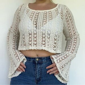 White Crochet Bell Sleeve Cropped Top